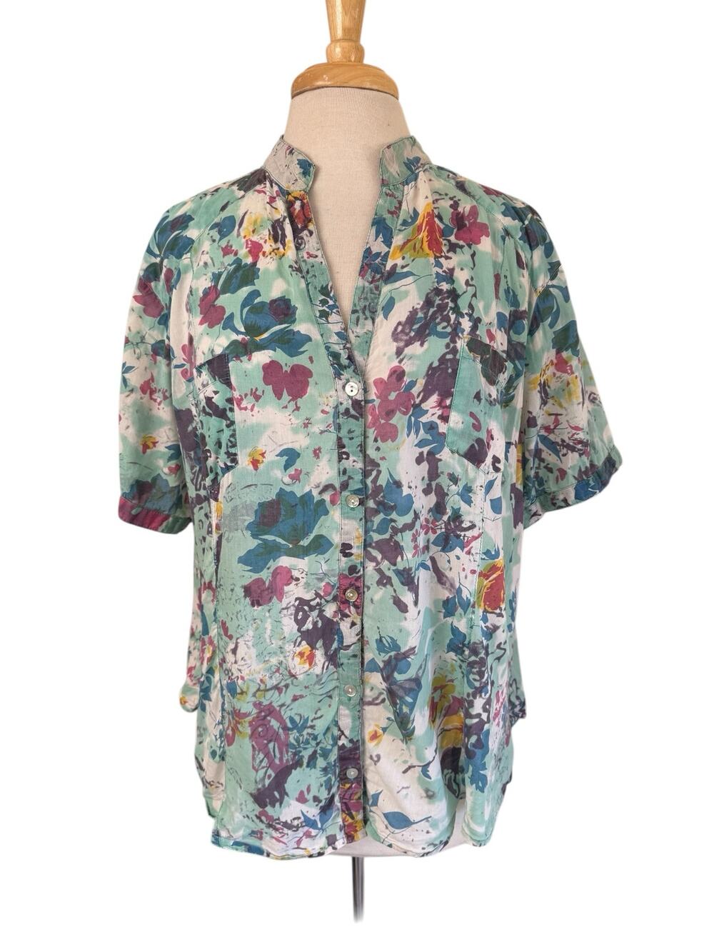 ADOLFO DOMINGUEZ Teal Floral Button Up Blouse Size 2X-3X (54) Womens Pockets
